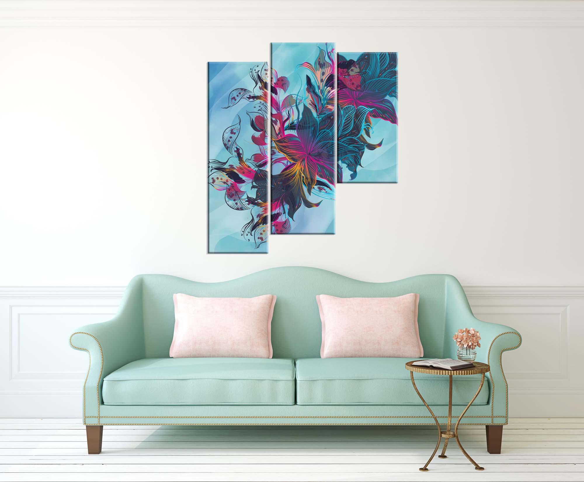 Modulares Bild - bunte Blumen auf blauem Hintergrund